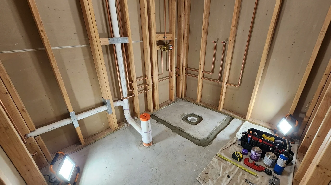 Bathroom rough-in plumbing during remodel by Johns Plumbing LLC in Chapel Hill