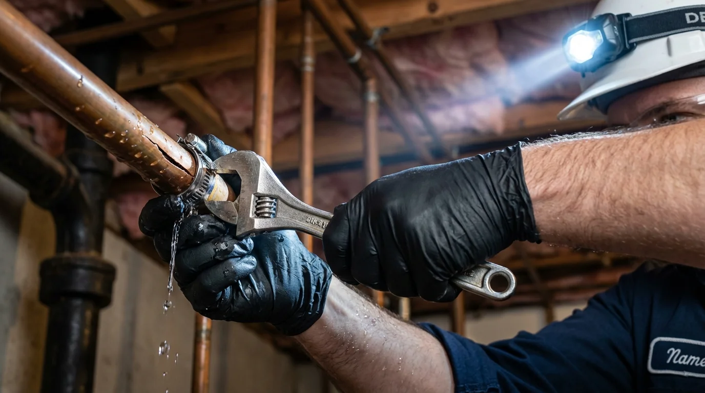 Emergency pipe clamp repair being performed by a Johns Plumbing LLC plumber in Chapel Hill