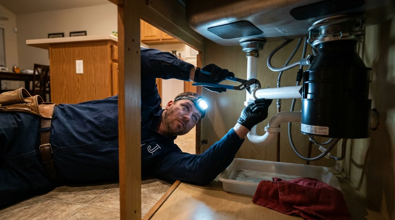 P-trap and supply line connections under a kitchen sink showing a common leak point in Chapel Hill, TN